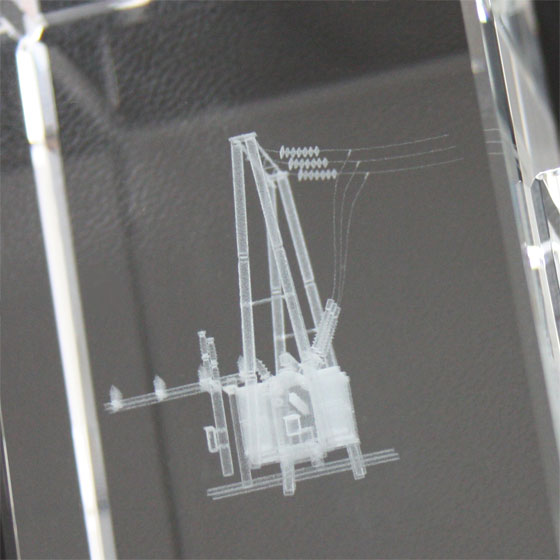 3d model in crystal, front view of the engraving result